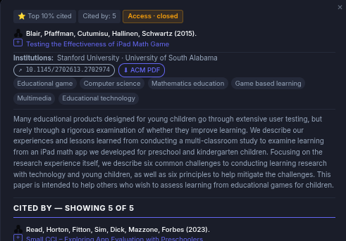 Work explorer showing article details and citation network